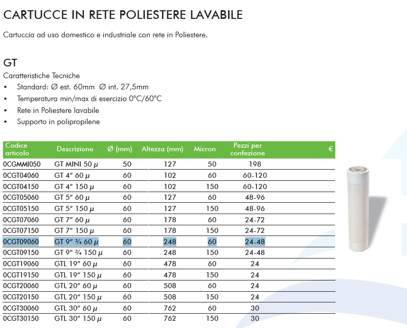 CARTUCCIA per filtro acqua RETE LAVABILE 9 (60m)